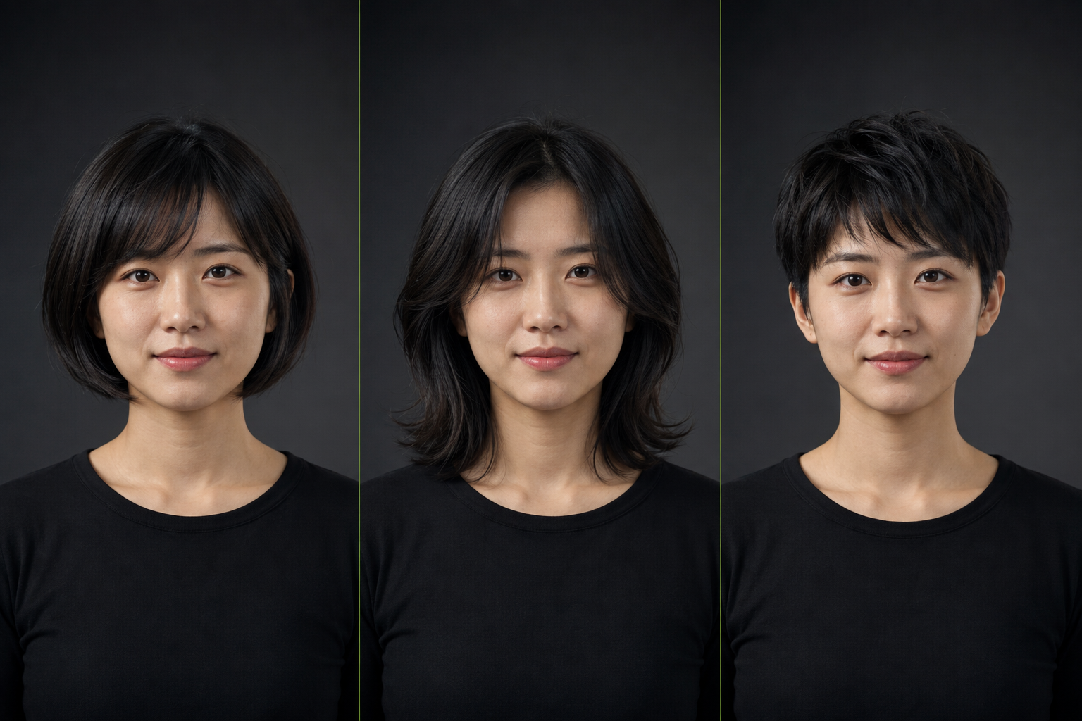 同一位成年女性的三种发型 AI 试戴示例